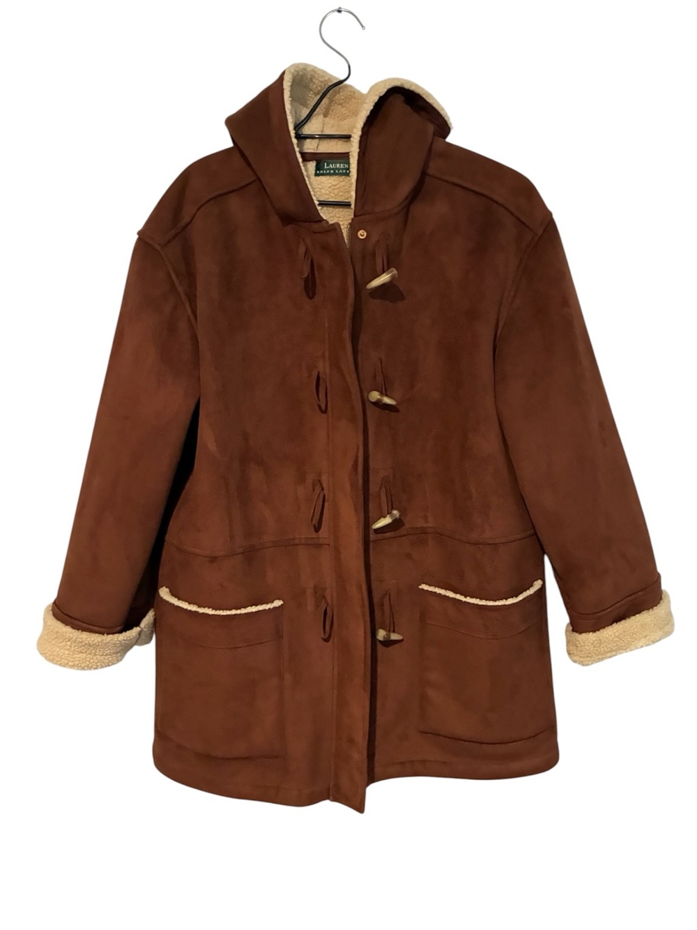 Ralph Lauren Women's Brown Faux Shearling Duffle Coat Jacket with Hood Size XL
